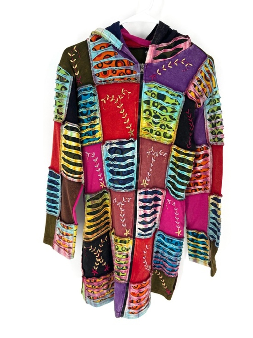 Shop therapy, hippie granola festival Multicolor Patchwork Mini Dress with Hood
